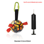 Inflatable dog soccer ball toy with red ribbon straps and black ball pump