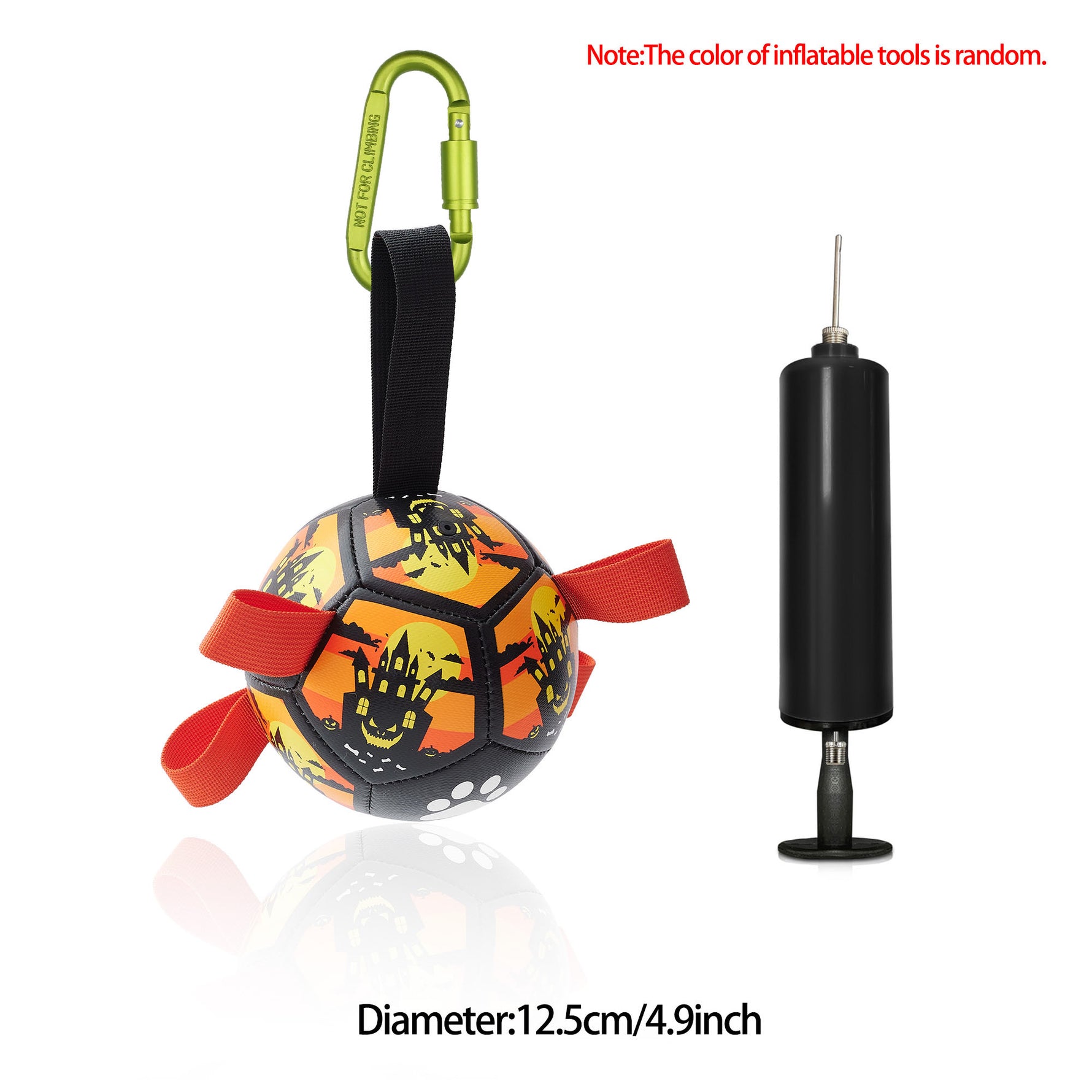 Inflatable dog soccer ball toy with red ribbon straps and black ball pump