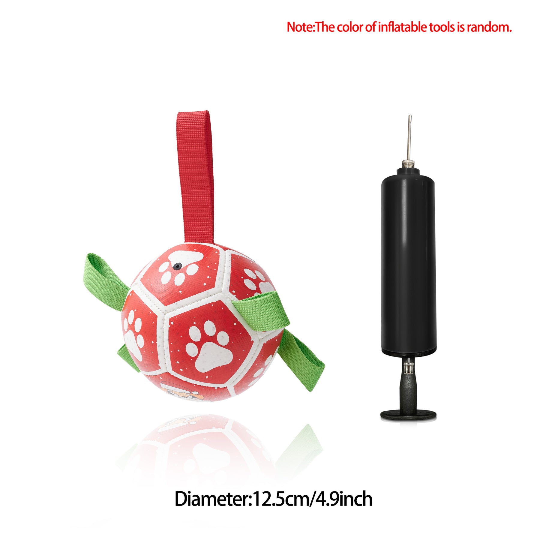Inflatable dog soccer ball toy with paw prints, green straps, includes pump; 12.5cm