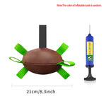 Inflatable dog football toy with green straps and blue ball pump