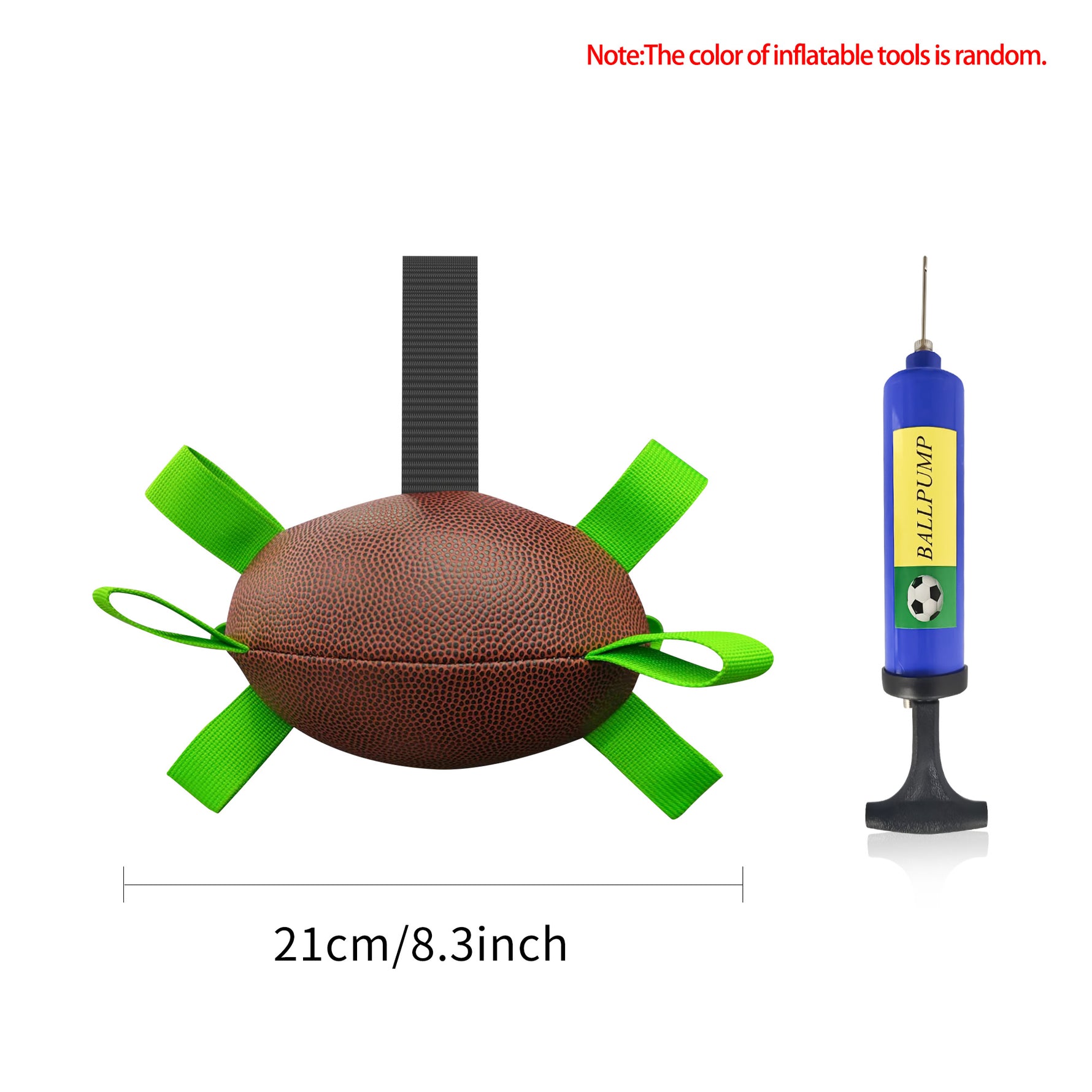 Inflatable dog football toy with green straps and blue ball pump