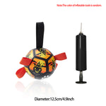 Inflatable dog soccer ball toy with red ribbon straps and black ball pump