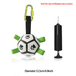 Inflatable dog soccer ball toy with paw prints, green straps, loop handle, includes pump; 12.5cm