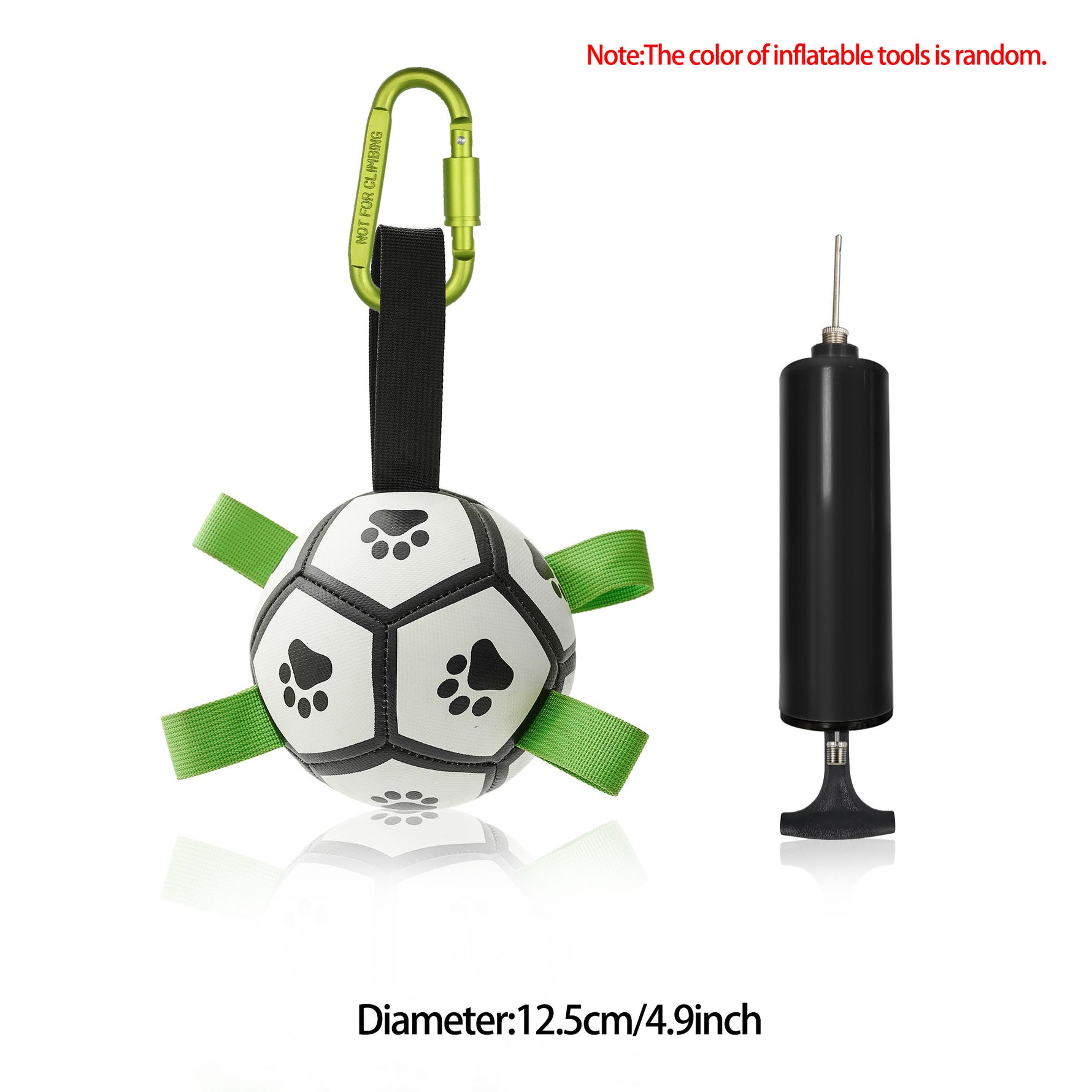 Inflatable dog soccer ball toy with paw prints, green straps, loop handle, includes pump; 12.5cm
