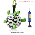Inflatable dog soccer ball toy with paw prints, green straps, loop handle, includes pump; 22cm
