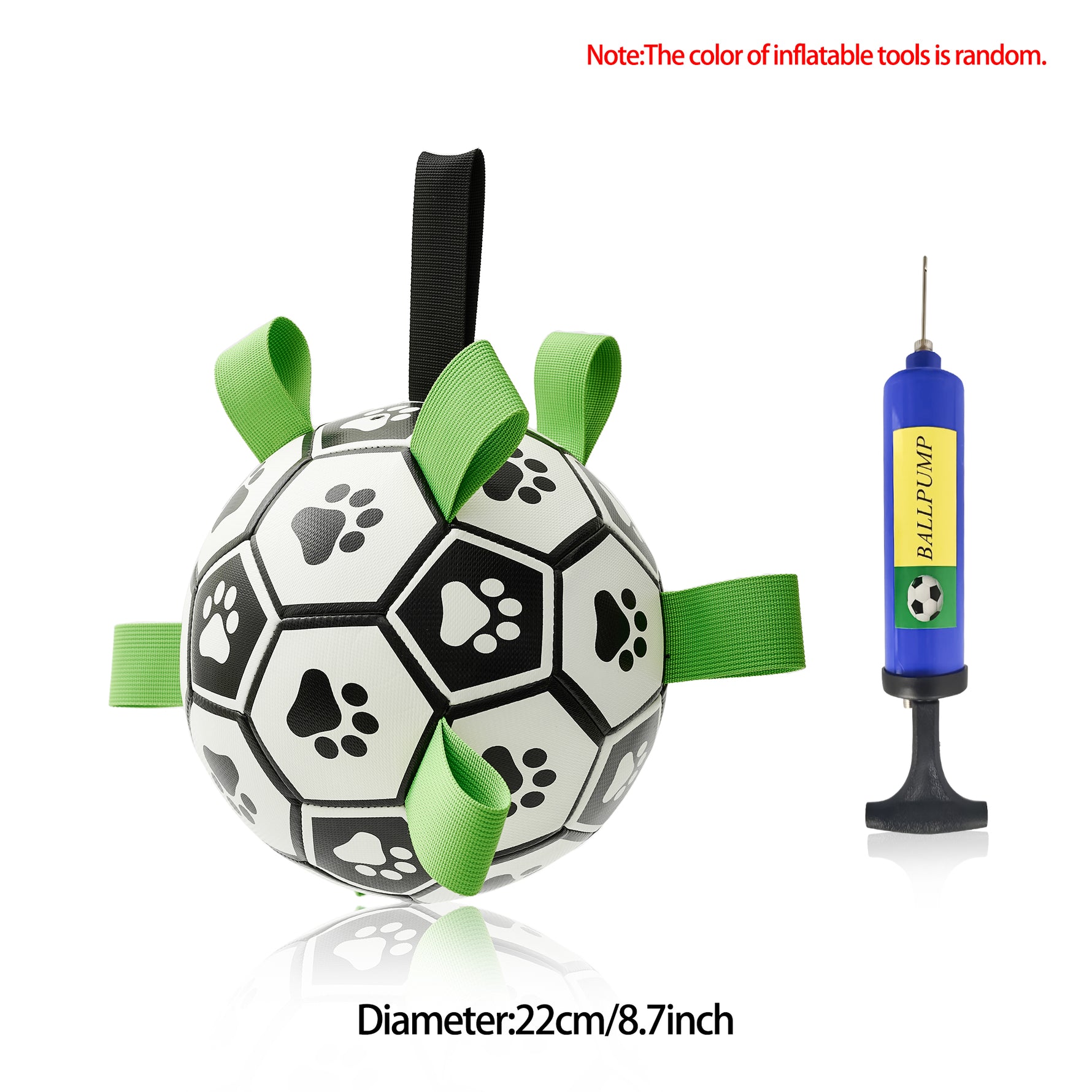 Inflatable dog soccer ball toy with paw prints, green straps, includes blue pump; 22cm