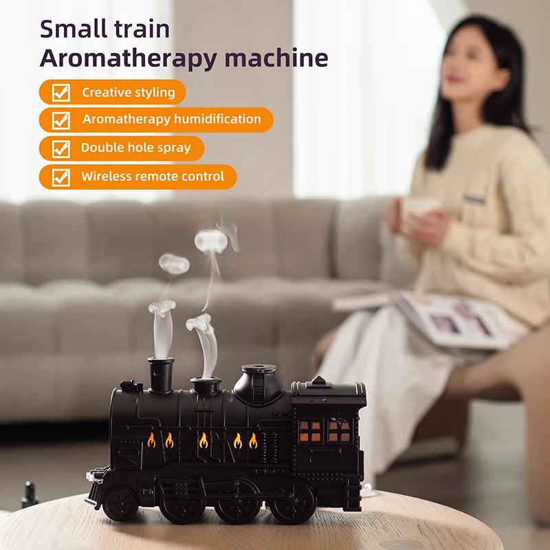 Humidificador ultrasónico de aire de escritorio con difusor de aromaterapia con forma de tren, con aceites esenciales, anillo de humo, doble pulverización y lámpara LED