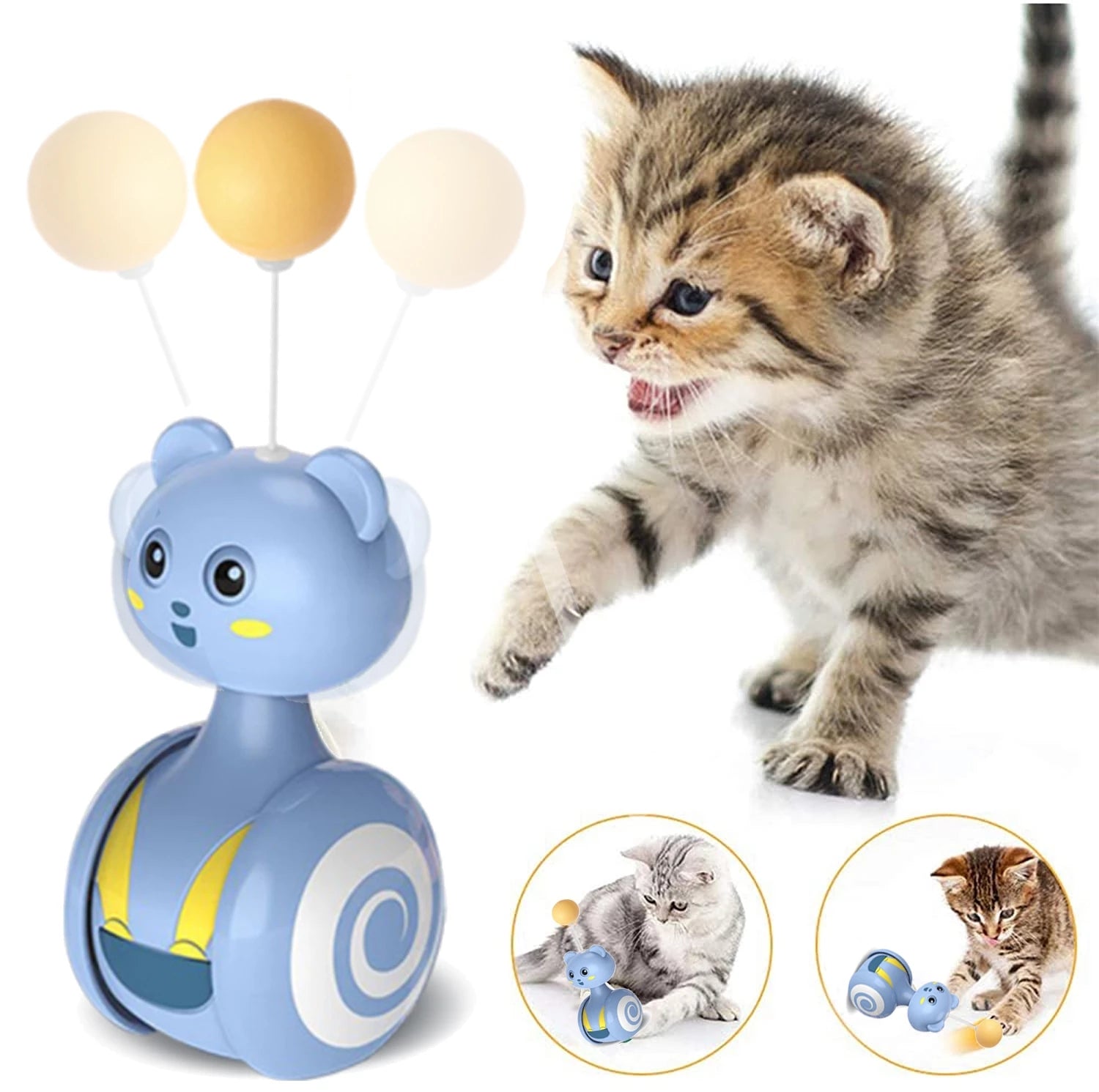 Blue rolling cat teaser toy with yellow ball top and white string spheres