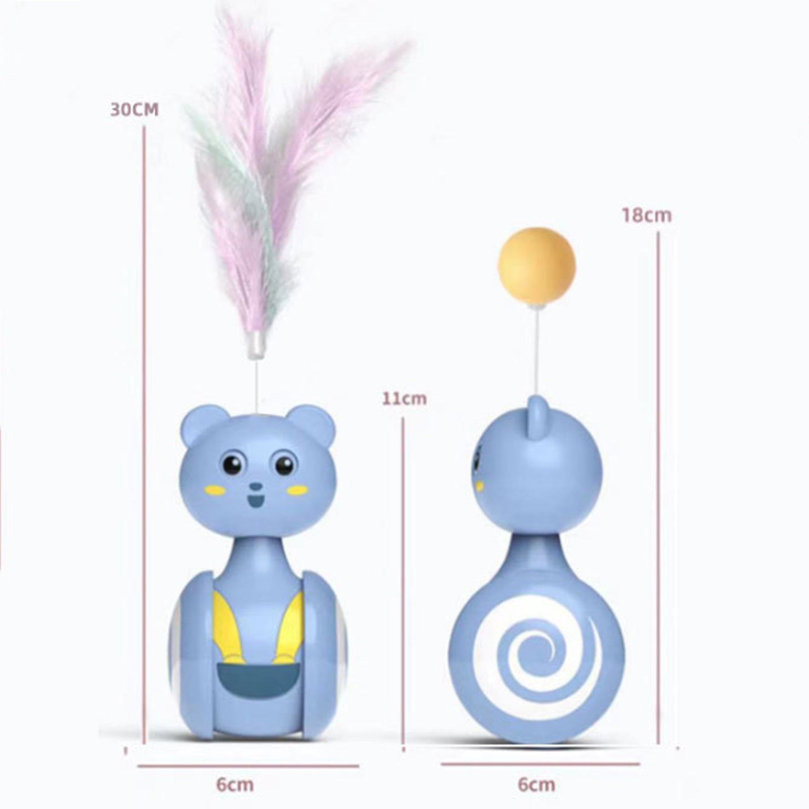 Blue cat rolling toy with dangling pink and purple feather wand