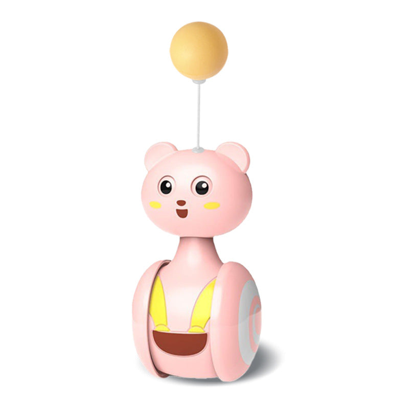 Pink cat rolling teaser toy with yellow ball top and face design