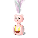 Pink rolling cat teaser toy with yellow ball top and purple feather wand