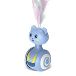Blue rolling cat toy with pink feather wand and spiral side design