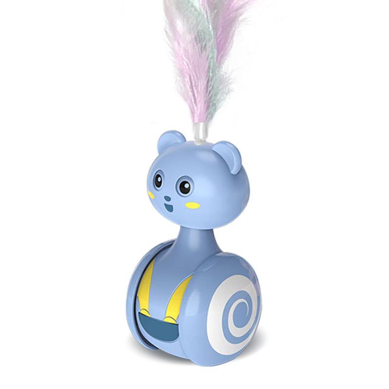Blue rolling cat toy with pink feather wand and spiral side design