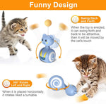 Blue rolling cat teaser toy with yellow ball top and swirling spiral side