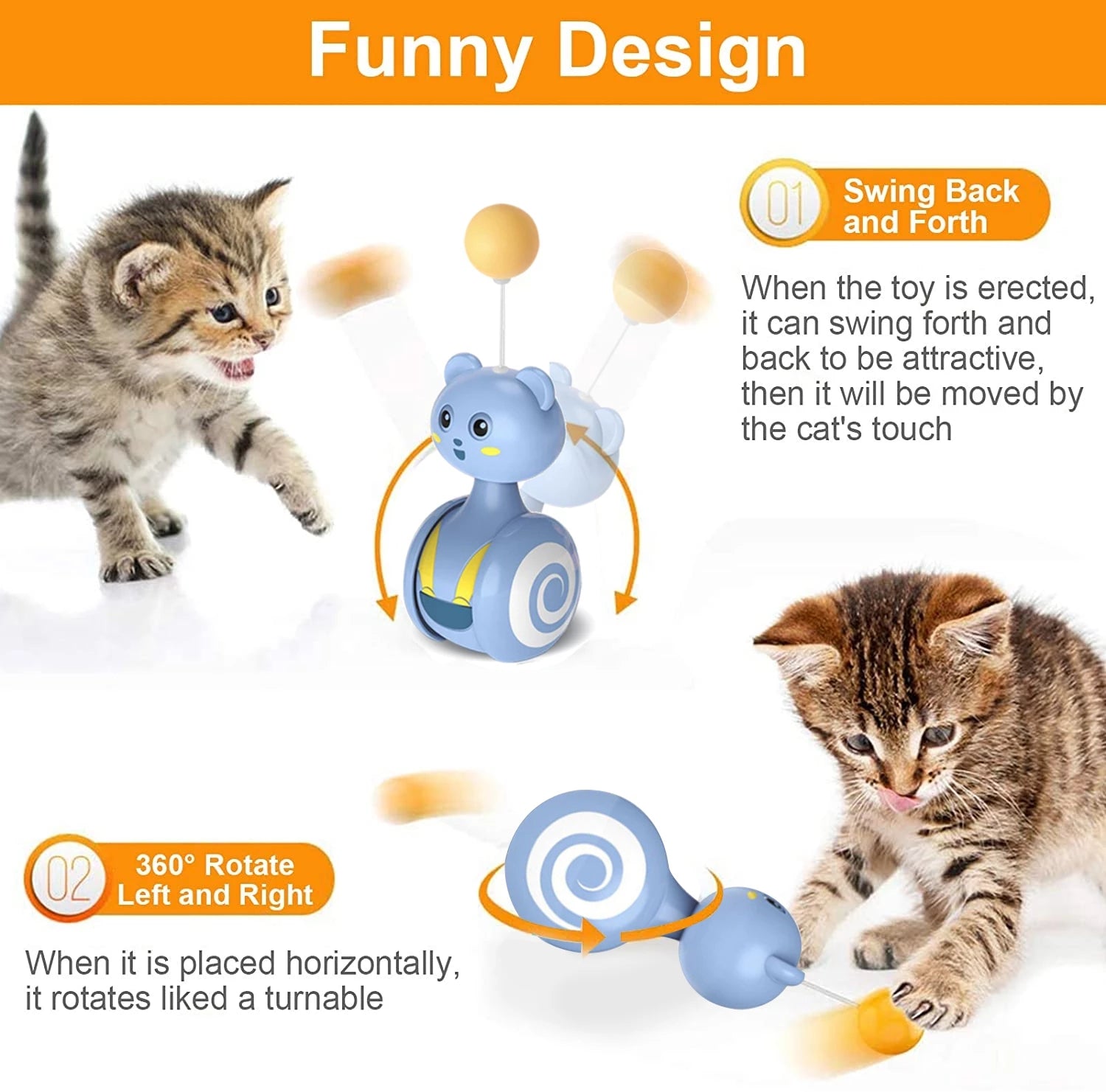 Blue rolling cat teaser toy with yellow ball top and swirling spiral side
