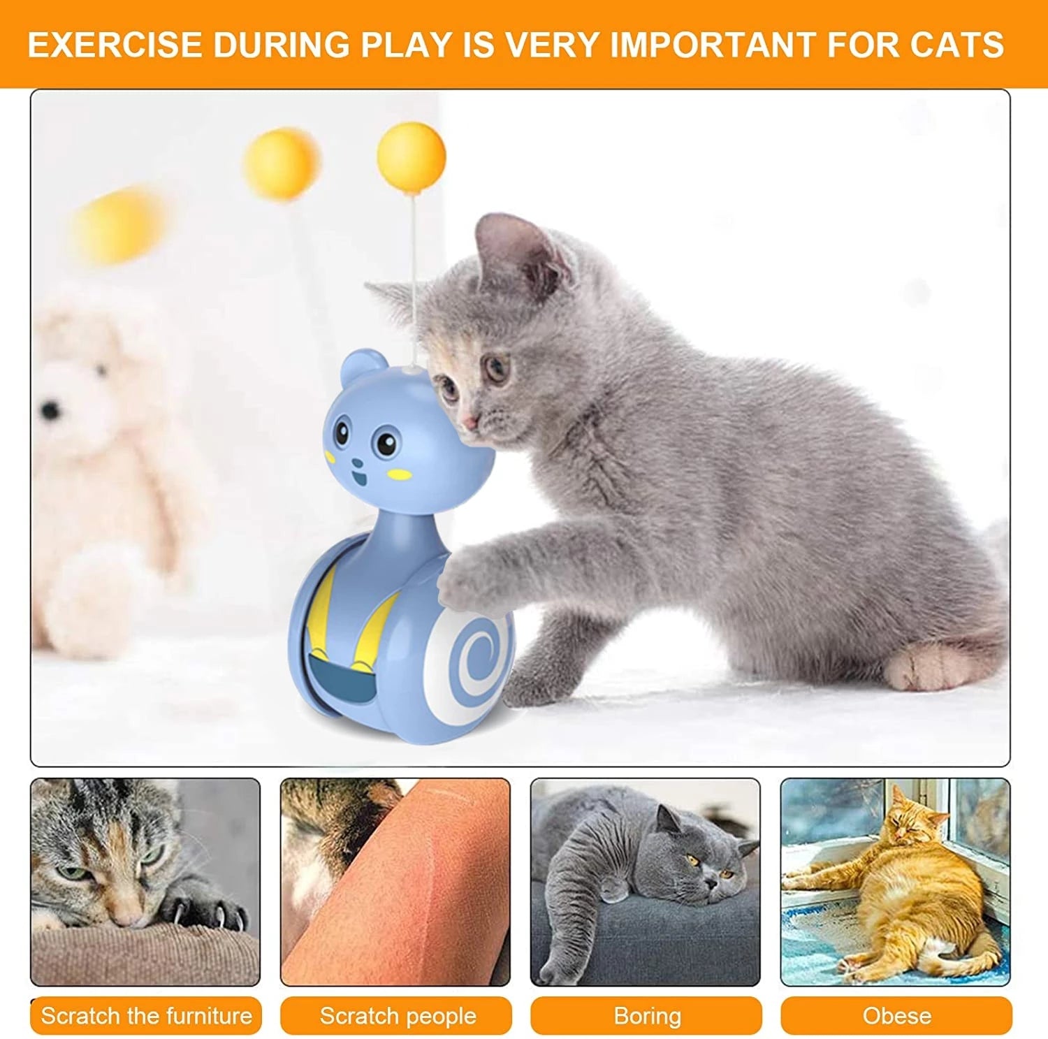 Blue rolling cat teaser toy with yellow ball top and feather wand