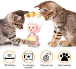 Pink and blue rolling cat teaser toy with yellow ball tops and ball arms