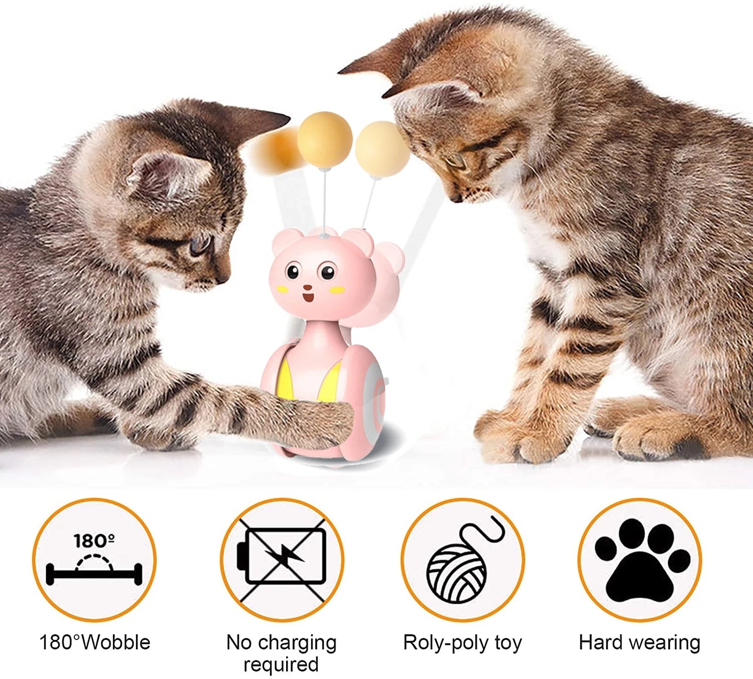Pink and blue rolling cat teaser toy with yellow ball tops and ball arms