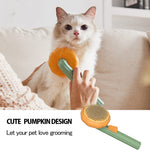 Pet self-cleaning slicker brush with orange head and green handle, used on cat grooming
