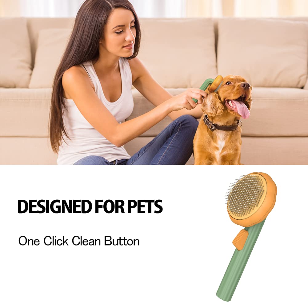 Pet grooming slicker brush with orange head and green handle, used on a small dog