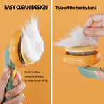 Pet self-cleaning slicker brush close-up of retracting bristle pad with one-click button