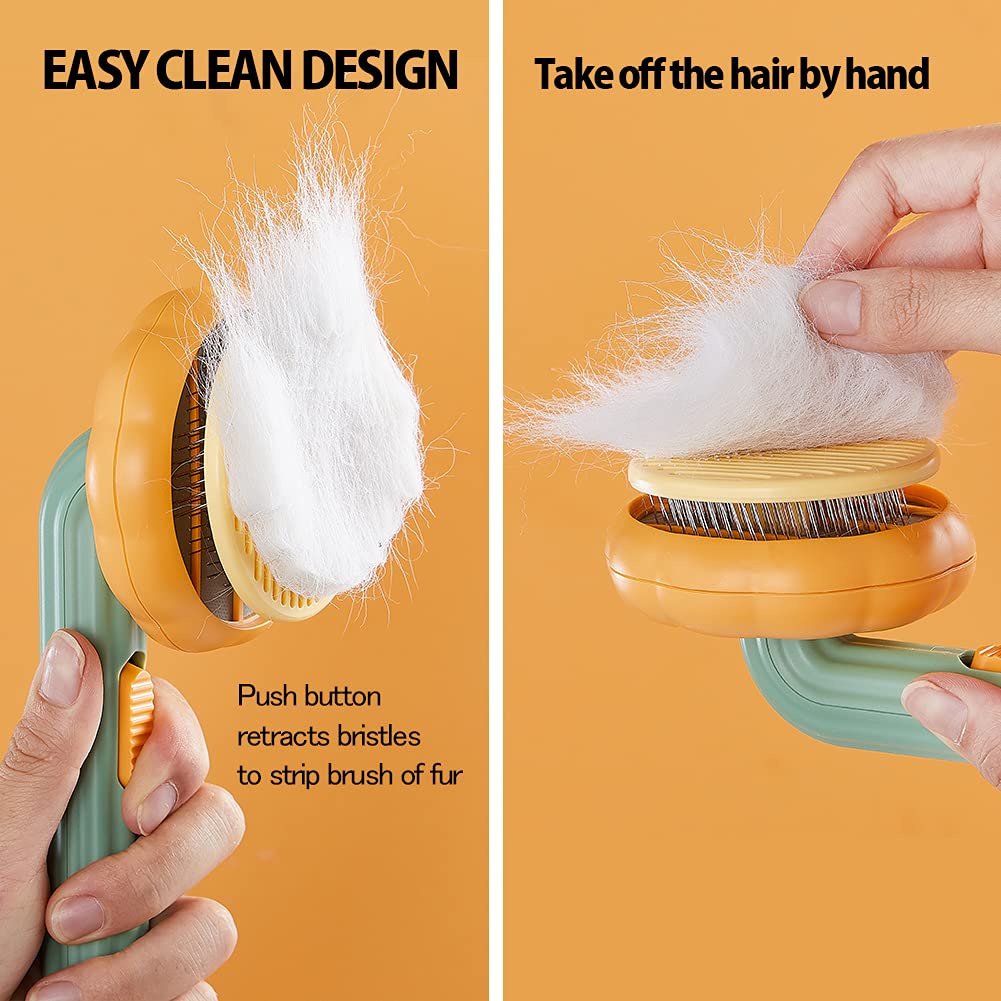 Pet self-cleaning slicker brush close-up of retracting bristle pad with one-click button