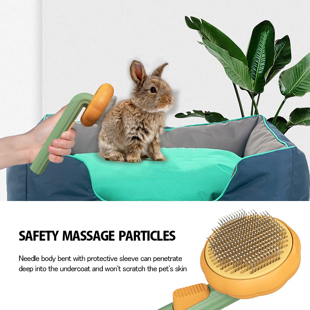 Pet grooming slicker brush with orange head and green handle used on a rabbit