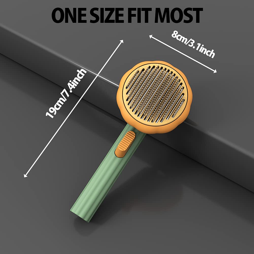 Pet grooming slicker brush with orange round head and green handle, compact design