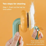 Pet self-cleaning slicker brush showing one-button hair release from orange bristle pad
