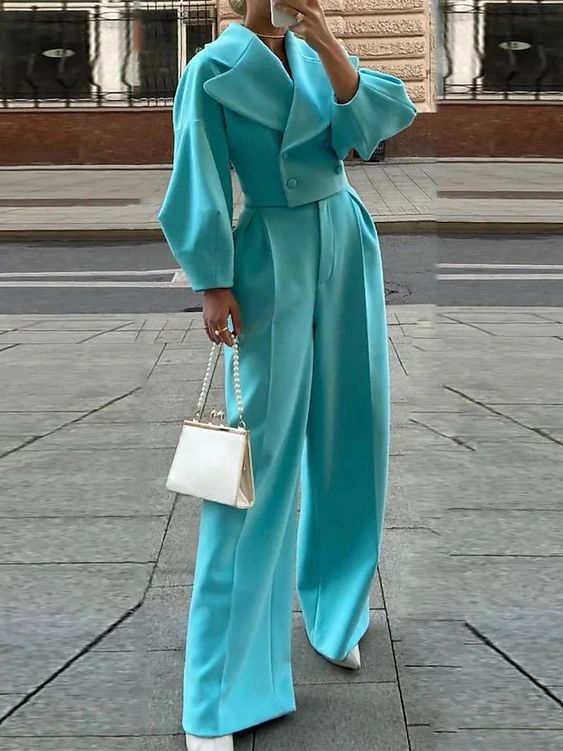 Turquoise lapel short jacket and high-waist wide-leg pants suit, long sleeves
