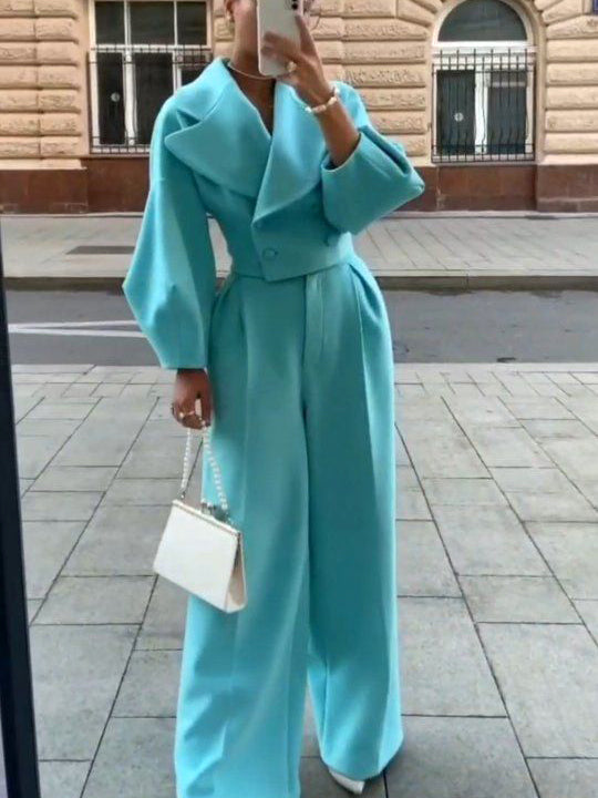 Turquoise lapel short jacket and high-waist wide-leg pants suit, full length