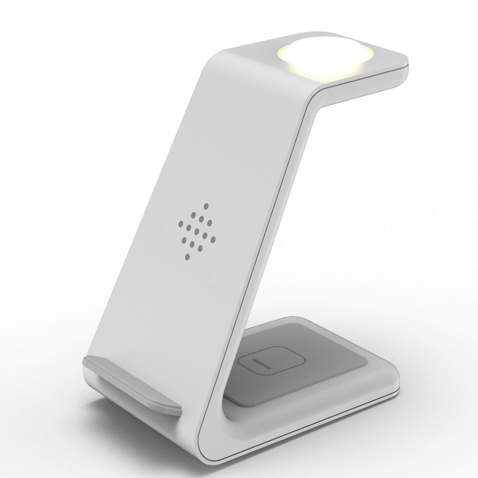 White wireless charger stand with phone holder and glowing charging pad light