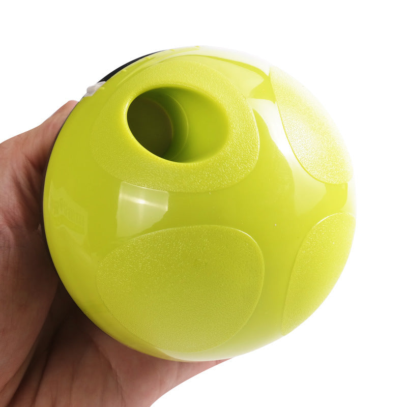 Green pet food dispenser ball toy with side opening and circular treat outlet
