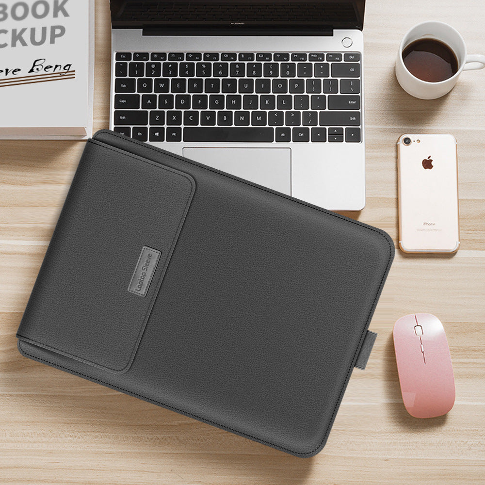 Laptop sleeve bag in black PU leather with front pocket and stitched flap