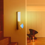 Wall-mounted LED night light with glowing panel and circular motion indicator, gray base