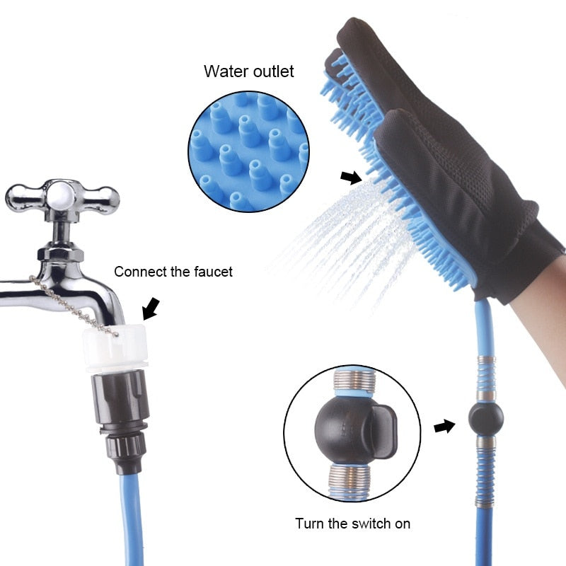 Handheld pet shower sprayer with water outlet, threaded connector, and blue hose