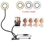 LED selfie ring light with selectable ring colors, smartphone mount, and control box