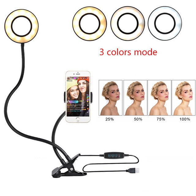 LED selfie ring light with selectable ring colors, smartphone mount, and control box