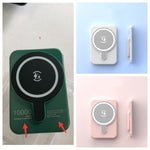 Green and white magnetic wireless power banks with lightning logos, front and side views.