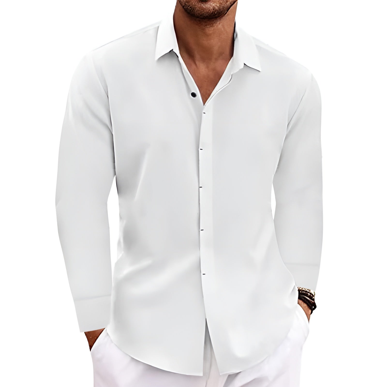 White men’s long-sleeve button-front cardigan shirt with open collar and patch pockets