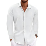 White men’s long-sleeve button-front cardigan shirt with open collar and patch pockets