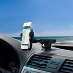 Car phone holder clipped to dashboard air vent with black adjustable phone cradle