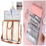 White waterproof travel duffel with tan trim, open organizer, and clear mesh pocket