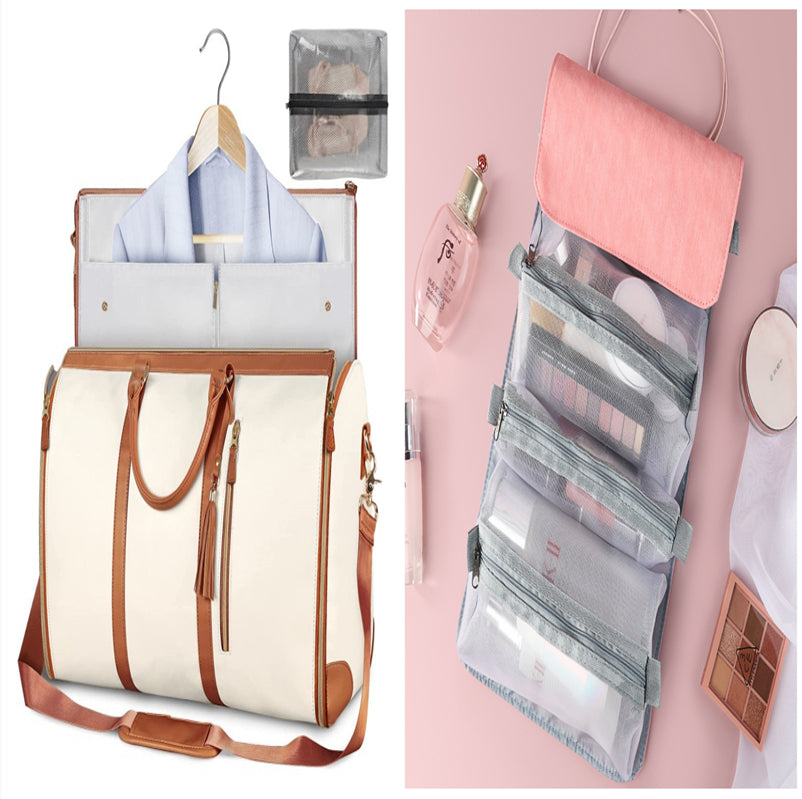 White waterproof travel duffel with tan trim, open organizer, and clear mesh pocket