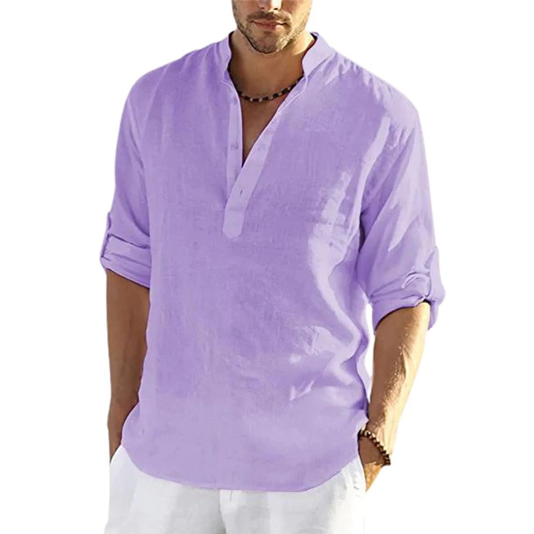 Men's cotton-linen stand-collar button shirt, lavender purple, short sleeves