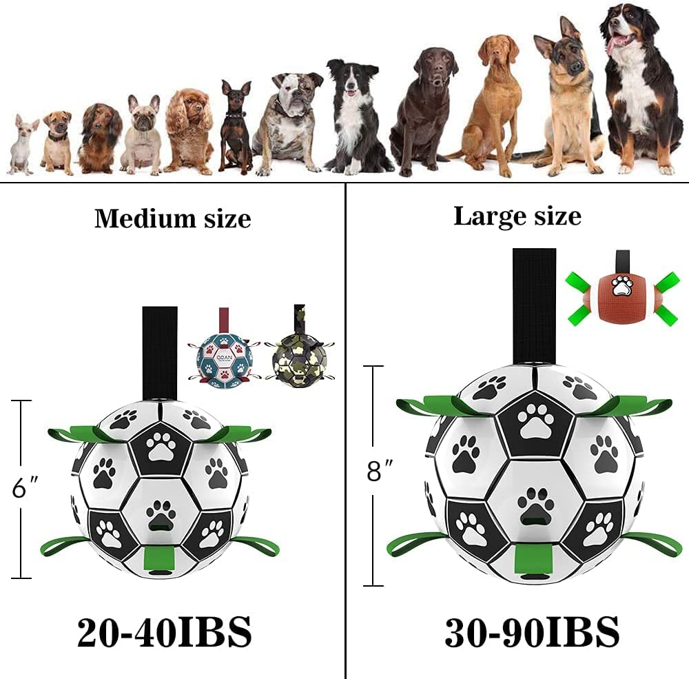 Inflatable dog soccer ball toy with paw print panels and green fabric tabs