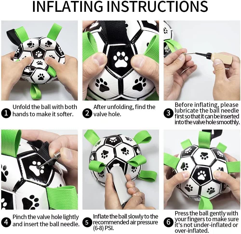 Inflatable dog soccer ball toy with paw prints, green tabs, and inflating needle
