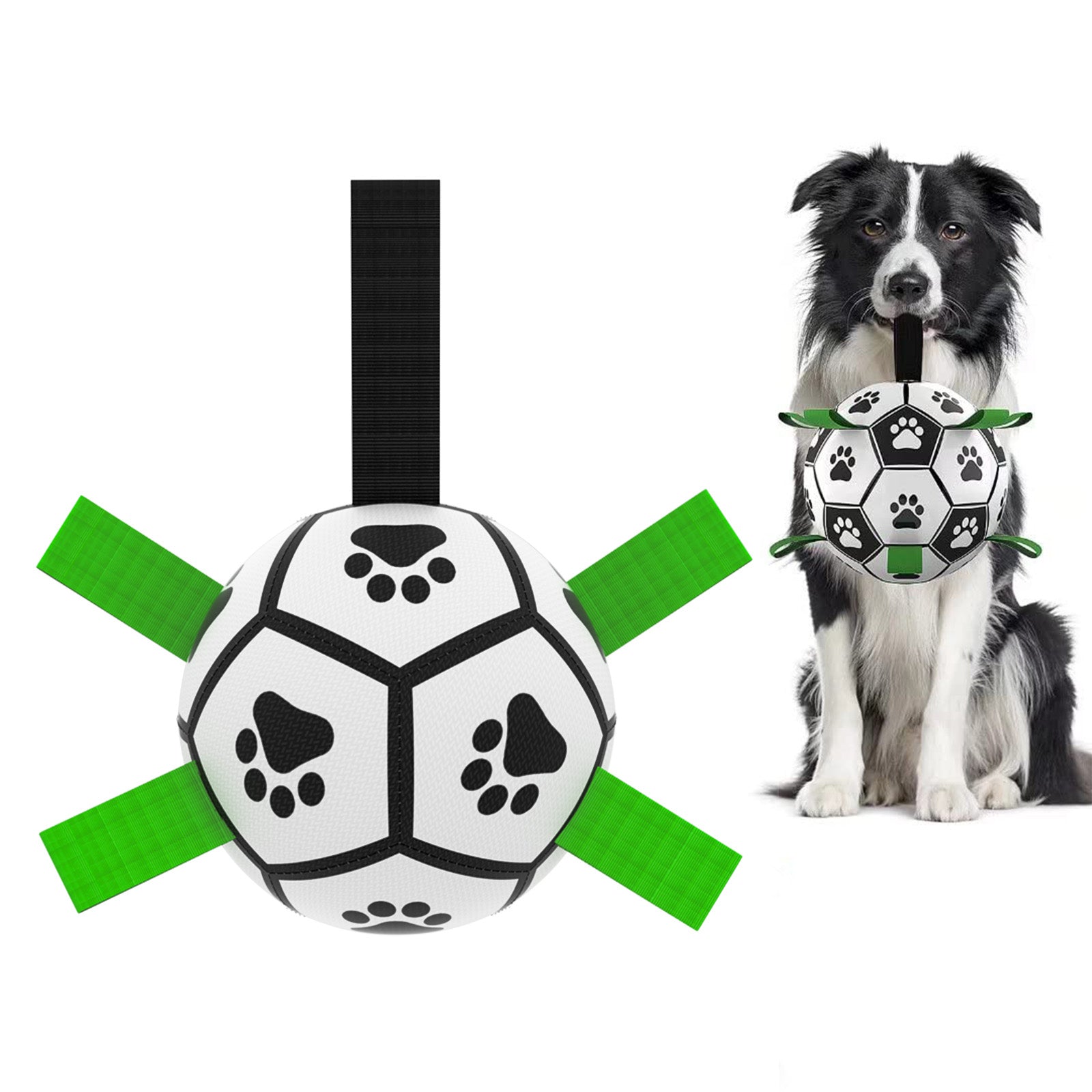 Inflatable dog soccer ball toy with paw print panels and green fabric tabs