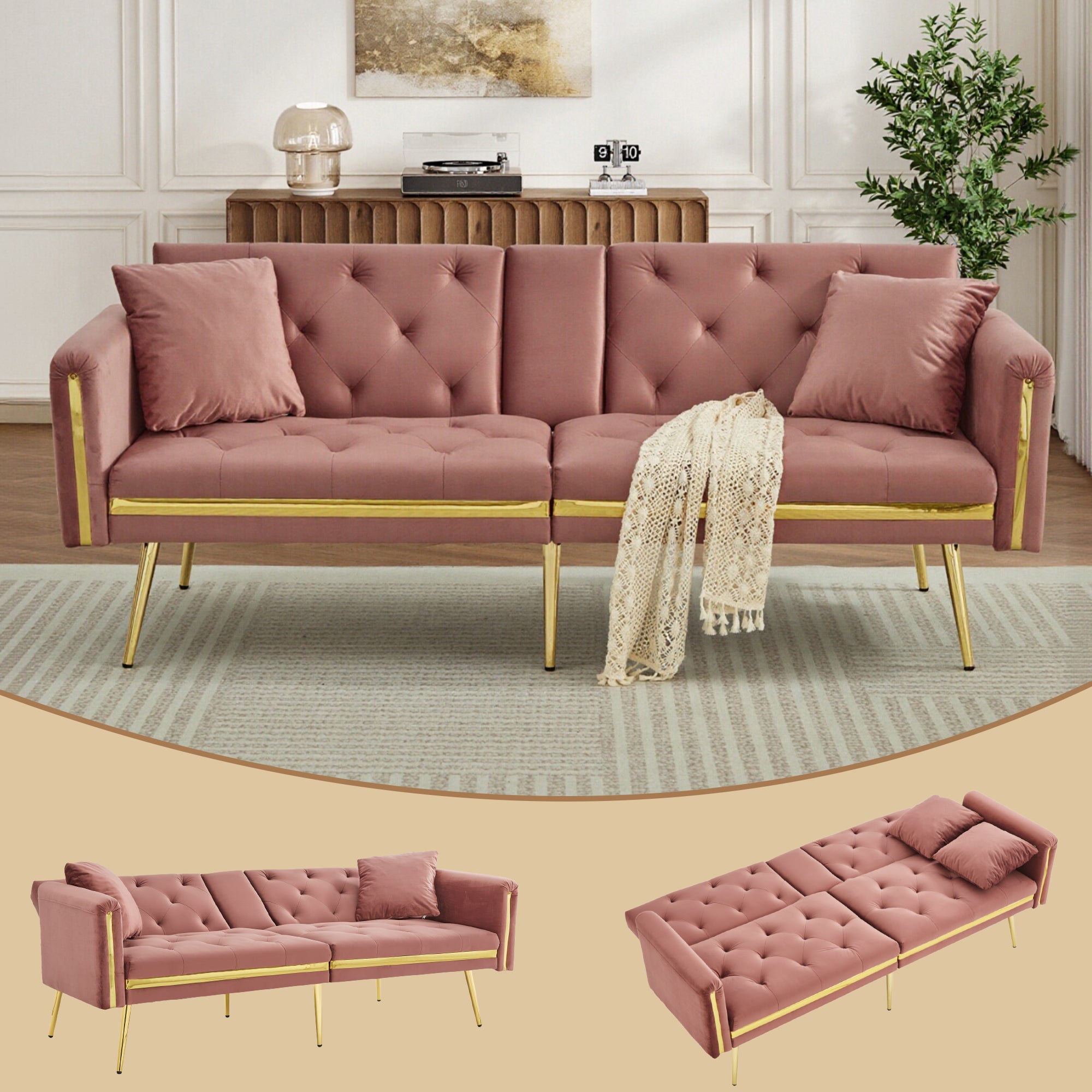 Sofá Cama Biplaza Con Respaldo Ajustable, Detalles Dorados Y Portavasos Integrados - Convertible En Un Cómodo Sofá Biplaza Que Ahorra Espacio Tanto Para El Salón Como Para El Dormitorio