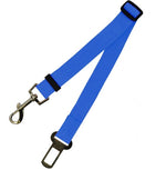 Blue adjustable dog car seat belt strap with black buckle and metal hook